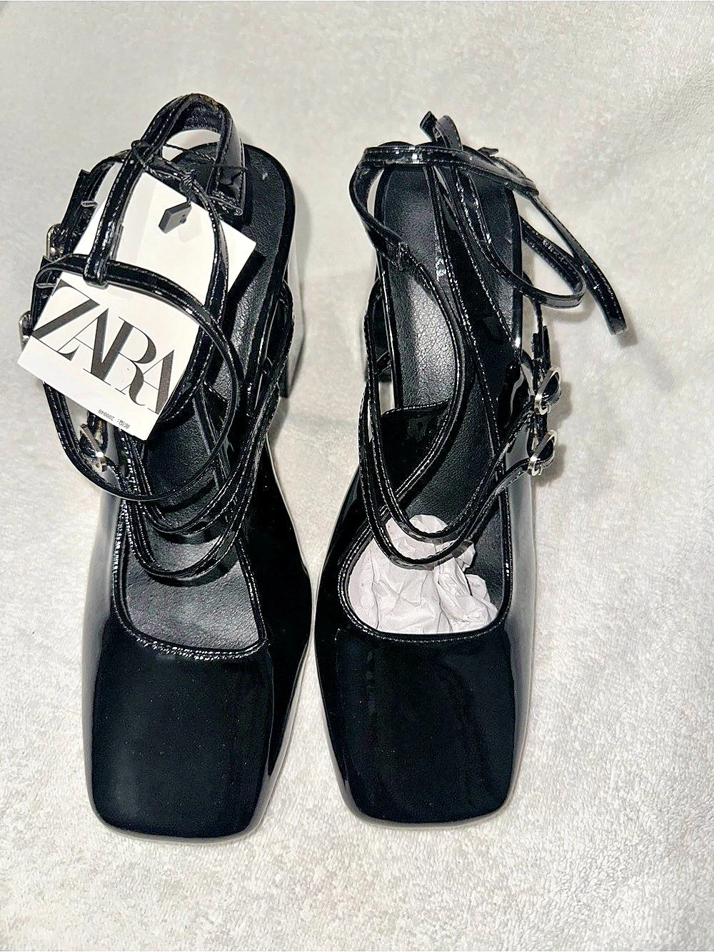 Zara Black Strappy Square-Toe Heels NWT